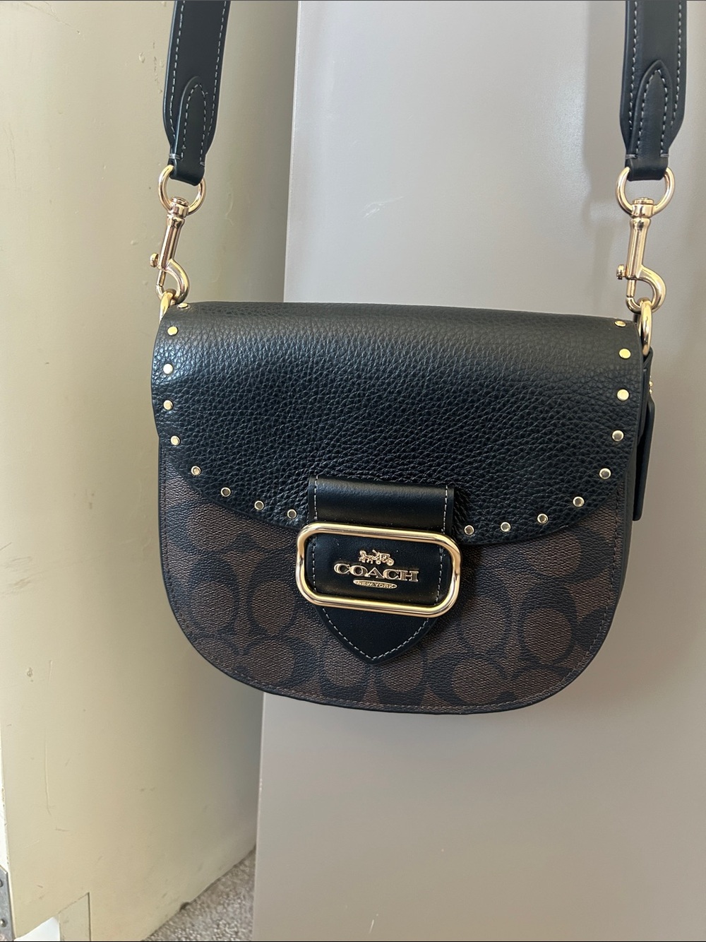 Coach Black & Brown Signature Saddle Crossbody with Gold Hardware